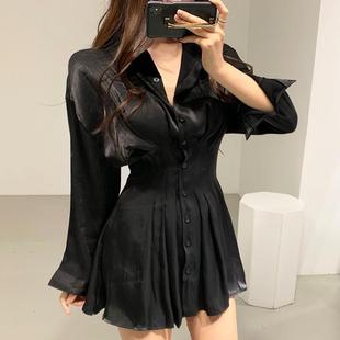 韩国chic优雅光泽感收腰褶皱后背系带翻领单排扣长袖衬衫式连衣裙