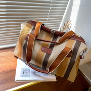 条纹复古短期外出旅行包，女轻便手提行李包大容量帆布旅游包旅行袋