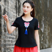 夏装民族风女装短袖绣花圆领T恤修身显瘦大码中国风上衣吊穗装饰