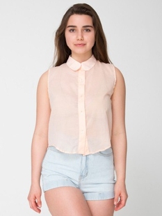 现货美国american apparel AA泫雅薄透娃娃领无袖短款衬衫