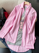粉色宽松条纹长袖衬衫字母印花打底背心两件套时尚休闲H$21