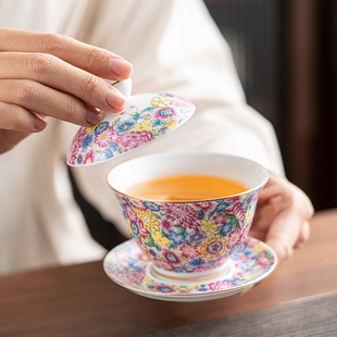 珐琅彩三才盖碗茶杯陶瓷中国风，敬茶杯宫廷风泡茶碗结婚茶具礼盒装