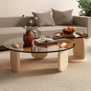 意式钢化玻璃岩板实木茶几简约现代小户型客厅家用创意圆形组合