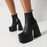 欧美靴子女厚底女鞋秋冬黑色，超高跟短靴套筒，皮靴女单靴大码靴