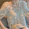 夏季蕾丝娃娃衫女减龄甜美镂空刺绣宽松泡泡，短袖上衣法式小衫