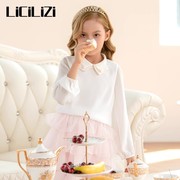 LiCiLiZi粒子女童白色上衣蝴蝶结领雪纺长袖薄款打底衣春季