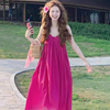 法式气质玫红火龙果色吊带连衣裙，女2024夏季设计感小个子公主长裙