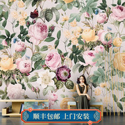 美式牡丹手绘壁纸卧室无缝墙纸欧式别墅壁布花朵轻奢电视背景墙布