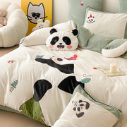 冬季男孩子熊猫牛奶绒四件套加厚双面珊瑚绒卡通被套儿童床上用品