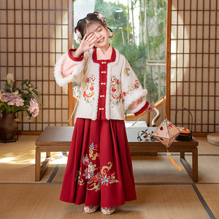 高端儿童古装裙秋拜年公主女中中国风涤纶玉兔红色锦鲤汉服