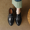 复古尖头粗跟黑色皮鞋高跟单鞋系带通勤真皮简约时尚纯色舒适单鞋