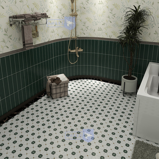 复古墨绿天然大理石白色马赛克，瓷砖梅花型石材卫生间地面拼花瓷砖
