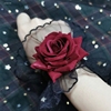 复古歌特黑色蕾丝酒红色玫瑰花，弹性手链荷叶边韩国气质少女