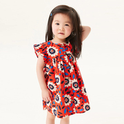 2024夏季女童短袖连衣裙红色，印花洋气纯棉，儿童公主裙欧美宝宝童裙