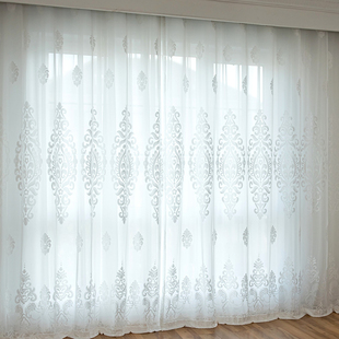 欧式窗纱窗帘纱帘半遮光浮雕提花客厅卧室阳台隔断纯白色加厚窗纱