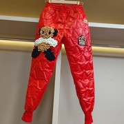 卡通小熊羽绒裤女外穿冬季松紧，腰红色哈伦，裤显瘦加厚休闲束脚裤