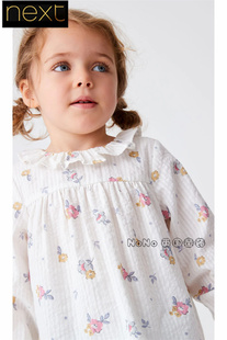 英国next女童粉蓝色，碎花长袖衬衫刺绣罩衫，纯棉衬衣c63-699