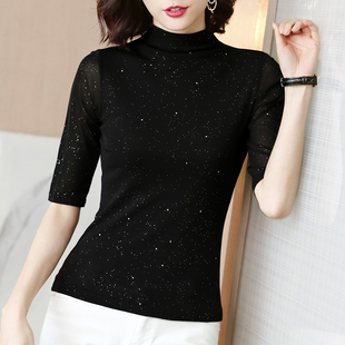 秋季时尚韩版纯色黑色t恤女韩版中袖，打底衫轻熟风网纱上衣潮