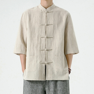 中国风亚麻衬衫男夏季短袖冰丝衬衣复古盘扣立领上衣棉麻唐装外套