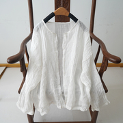 夏季女士砂洗亚麻衬衫开衫上衣褶皱复古文艺宽松大码茶服上衣