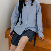蓝色衬衫女长袖上衣宽松设计感小众垂感尖领春秋中长款学院风外套