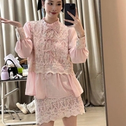 D418蕾丝重工粉色新中式国风复古外套女泡泡长袖半身裙套装女春季