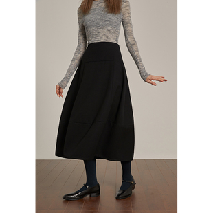 ItoshIroshI 羊毛经典黑色双层斜纹高腰立体拼接A型半身裙