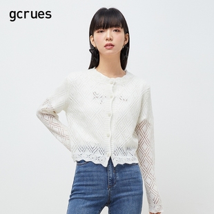 gcrues镂空蕾丝毛衣，开衫女短款上衣，2024春装小个子针织衫外套
