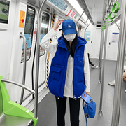 马甲女秋季2022韩版纯色，宽松学生连帽背心，蓝色羽绒棉马夹外套