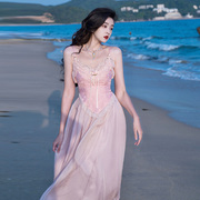 法式复古中长款玫瑰仙女吊带裙唯美蕾丝，甜美连衣裙