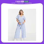 香港直邮潮奢 Monki 女士 腰带绉条纹方格棉布连衣裤(蓝色)