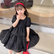 女小童连衣裙时髦夏装黑色薄款泡泡袖公主裙夏款大童短袖韩版裙子