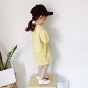 G22夏韩国童装女童宝宝纯棉可爱俏皮露肩个性条纹连衣裙短袖T恤裙