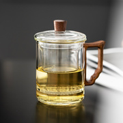 玻璃茶杯个人专用耐高温茶水分离泡，茶杯过滤办公室，水杯木把茶道杯