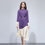 2024春季时尚优雅不规则荷叶边设计收腰修身紫色中长连衣裙
