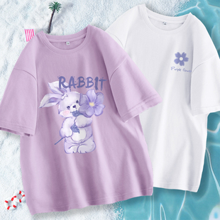 拉夏贝尔紫色纯棉短袖t恤女设计感小众2023夏季宽松半袖体恤X