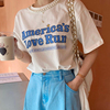 韩国chic夏季法式小众圆领钉珠，镶边字母印花设计宽松休闲短袖t恤