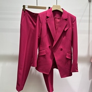 玫红色时尚套装女时髦气质优雅两粒扣修身西装烟管裤两件套