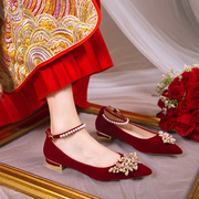 红色婚鞋女秀禾服两穿低跟新娘鞋2022孕妇，粗跟平底中式礼服鞋
