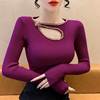紫红色小心机镂空打底毛衣女春装2024弹力修身显瘦针织衫上衣