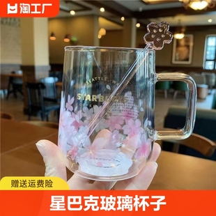 星巴克玻璃杯子藤编磨砂透明圆形，耐热大容量带把手男女咖啡水杯ml