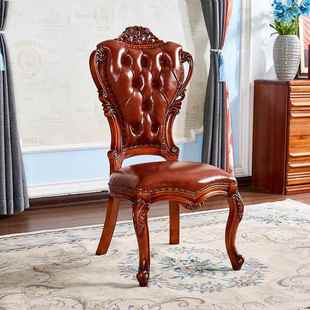 美式餐椅家用实木椅子高级真皮，靠背轻奢橡木，舒适餐厅复古欧式椅子