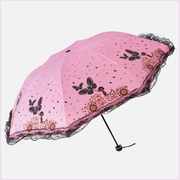 花边晴雨伞创意蝴蝶纷飞三折叠黑胶防晒防紫外线两用遮阳太阳伞