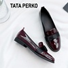 tataperko联名真皮女鞋酒红色，英伦小皮鞋，平底单鞋漆皮乐福鞋
