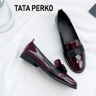 TATA PERKO联名真皮女鞋酒红色英伦小皮鞋平底单鞋漆皮乐福鞋