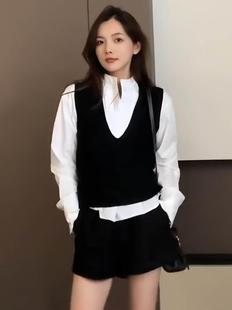 韩版2023年秋季法式气质立领长袖衬衫休闲无袖针织背心马甲套装女
