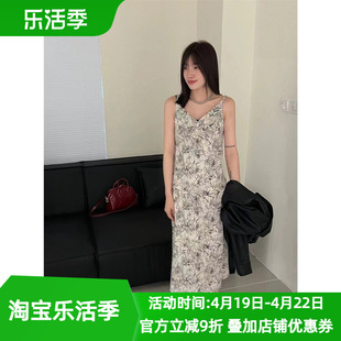 小碎花雪纺连衣裙女欧洲站2024春季撞色收腰印花吊带连衣裙长裙潮