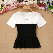 夏季女装 韩版短款撞色拼接荷叶边裙摆紧身显瘦短袖T恤上衣