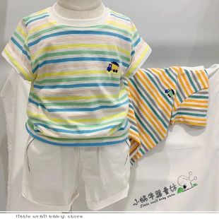 男女宝宝中小童2024夏季韩版薄款条纹扎染短袖，t恤上衣亲子装