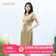 HONRN/红人休闲气质裙子衬衣领短袖系带收腰显瘦a字连衣裙女夏季